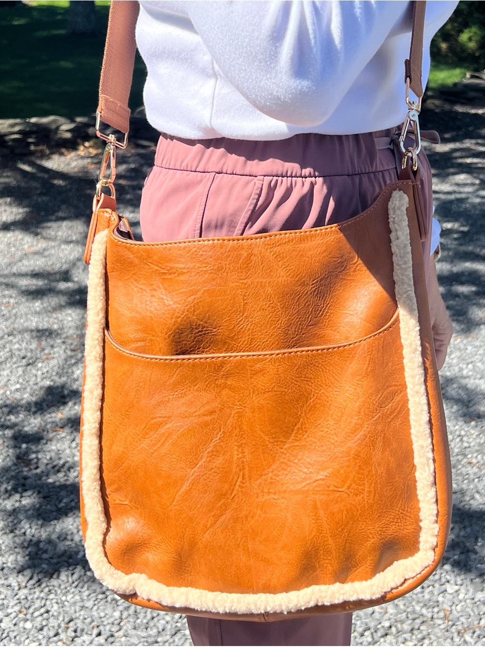 Women’s Tan Faux Leather Crossbody Bag with Cream Sherpa Trim
